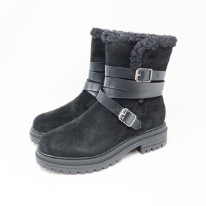 Laurie Felt Suede Shearling Faux Fur Buckle Boots Black Women's Size 7.5 Medium